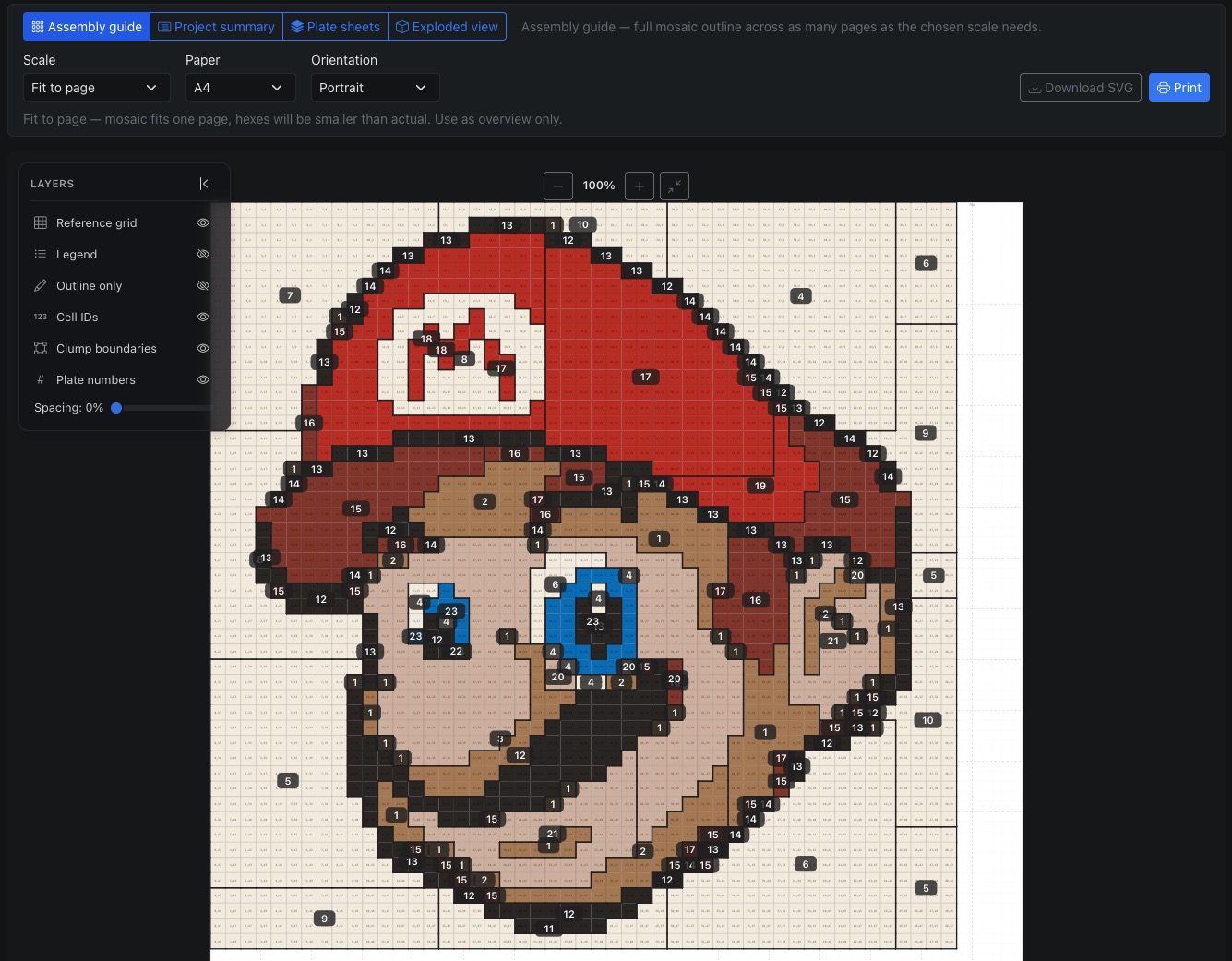 Printable assembly guide with plate numbers and clump boundaries