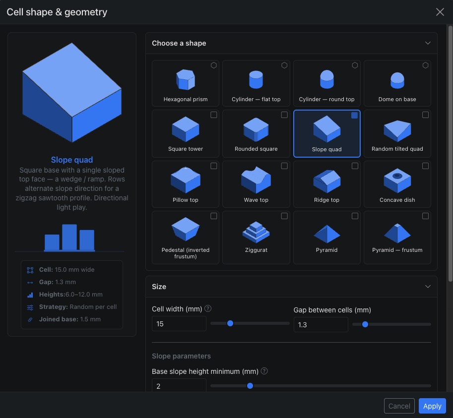Hex and square cell shape options side by side