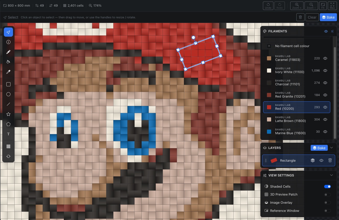 Design editor with paint, fill, shapes, text, and layers