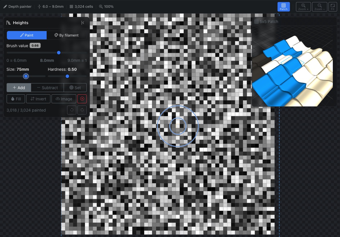 Depth painter with a live brush-size indicator and per-cell height values