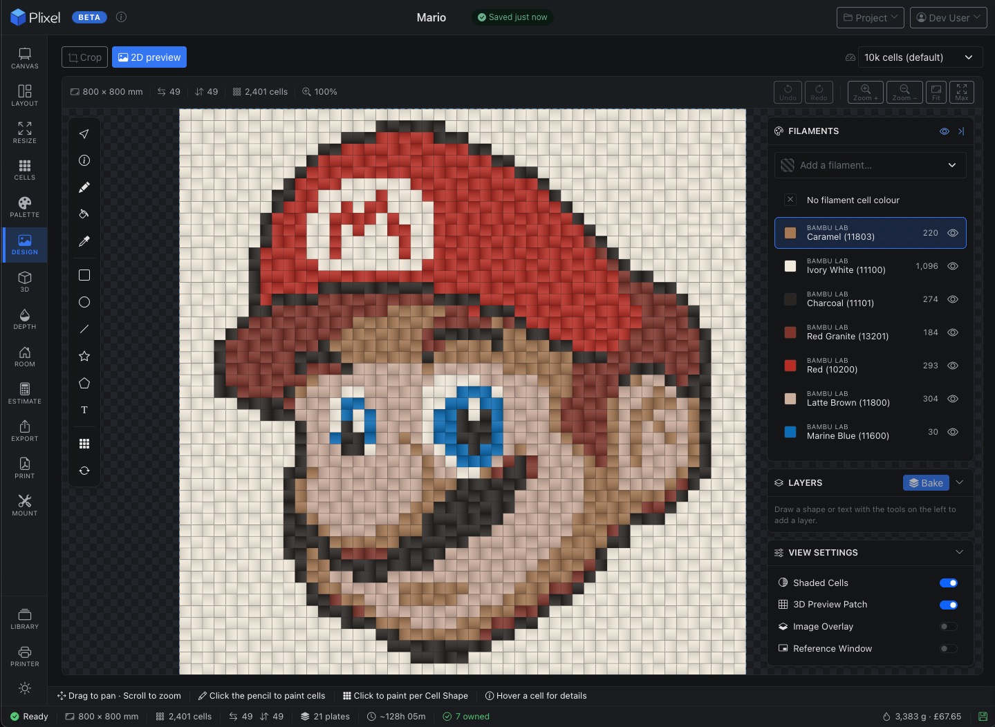 Plixel app — mosaic design canvas with hex cells and filament palette